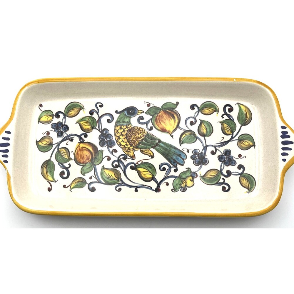 Ceramica Nova Deruta Long Serving Tray 11" Italian Hand Painted Bird & Fruit